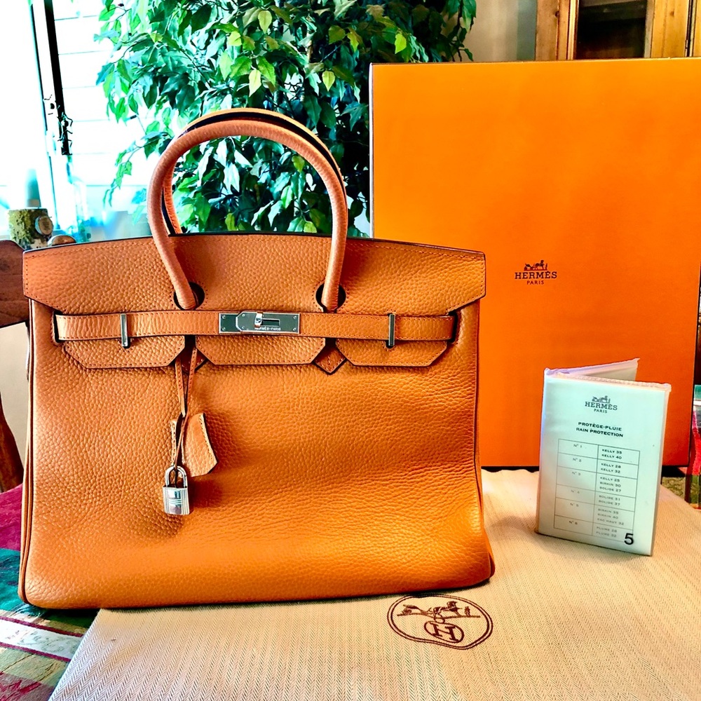 Hermes Burkin Tote 35 Mint Condition ✨ Silver HW ALL accessories Orange 🍊